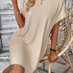 Crew Neck With Pocket Dress, Elegant Short Sleeve Dress in Apricot Size L